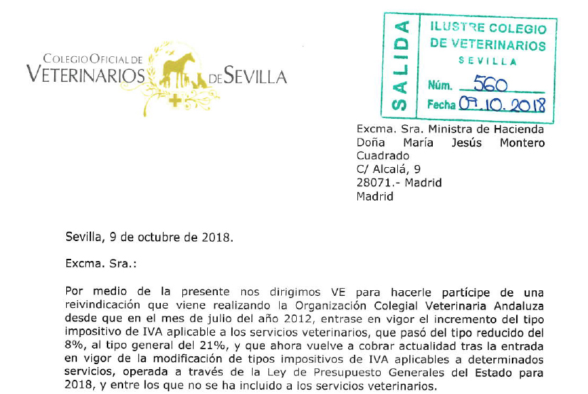 El Colegio de Veterinarios de Sevilla apoya y reivindica a Hacienda la bajada del IVA de los Servicios Veterinarios